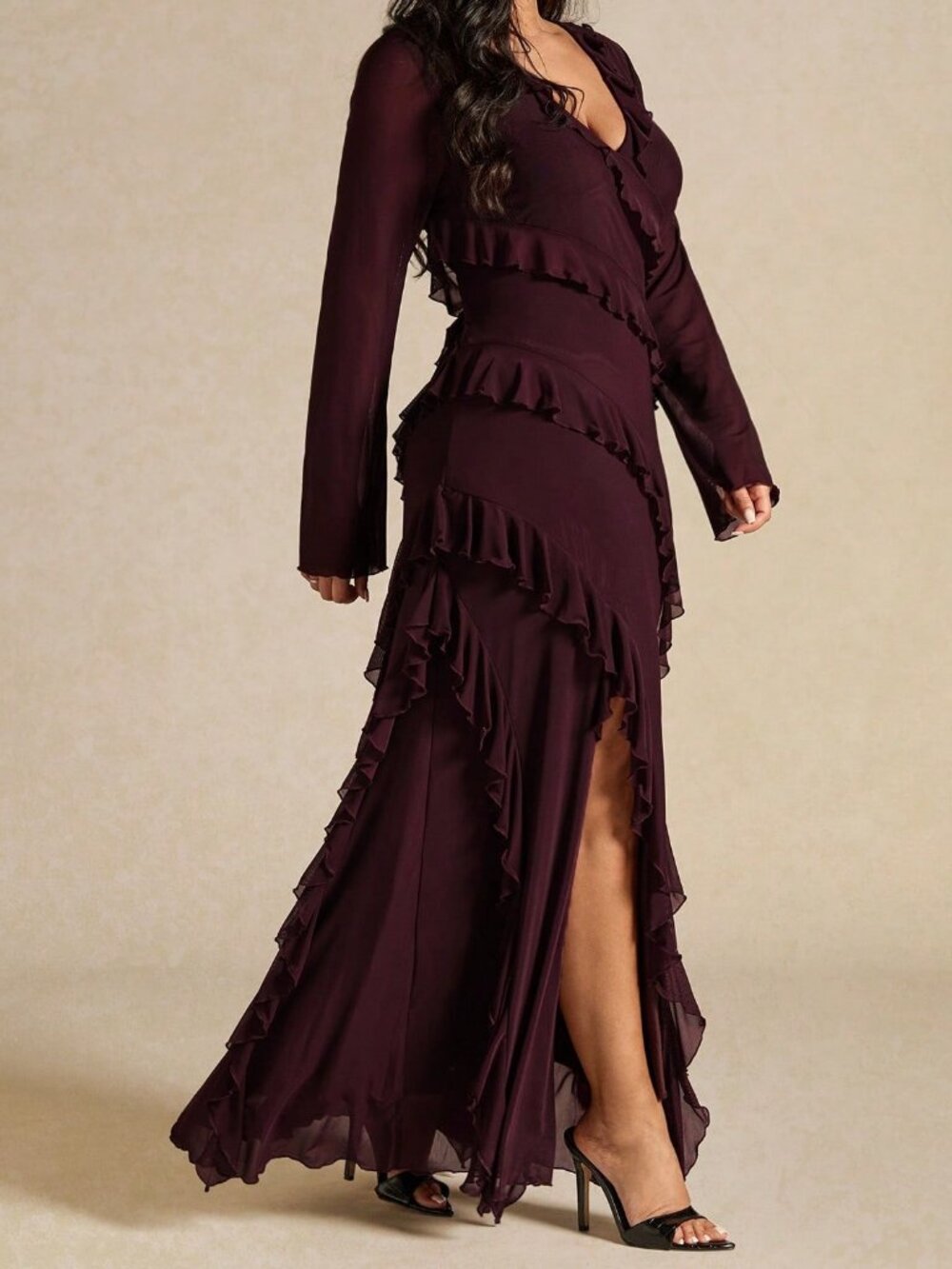 Purple Elegant Women's Ruffle Hem V-Neck Maxi Dress - Picture 4 of 6